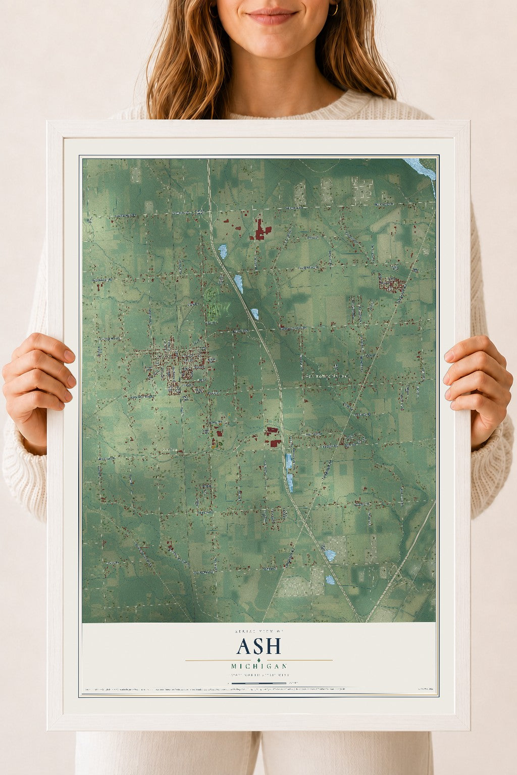 Map of Ash, Michigan, 18 x 24 inch print in a white wood frame