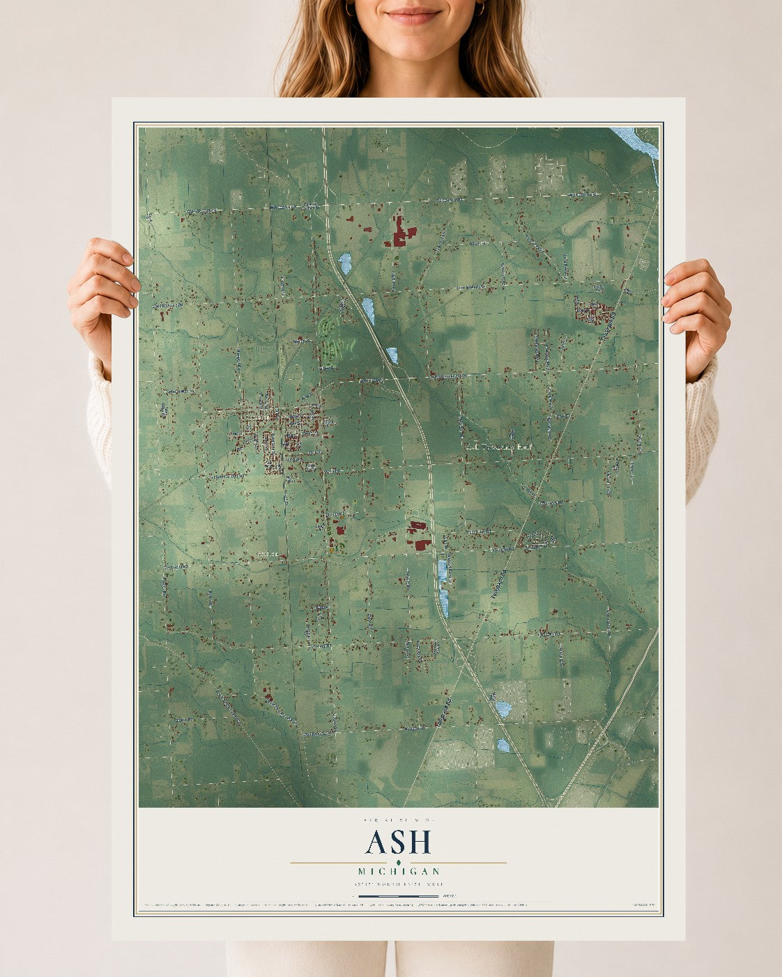 Map of Ash, Michigan, 24 x 36 inch unframed archival matte print