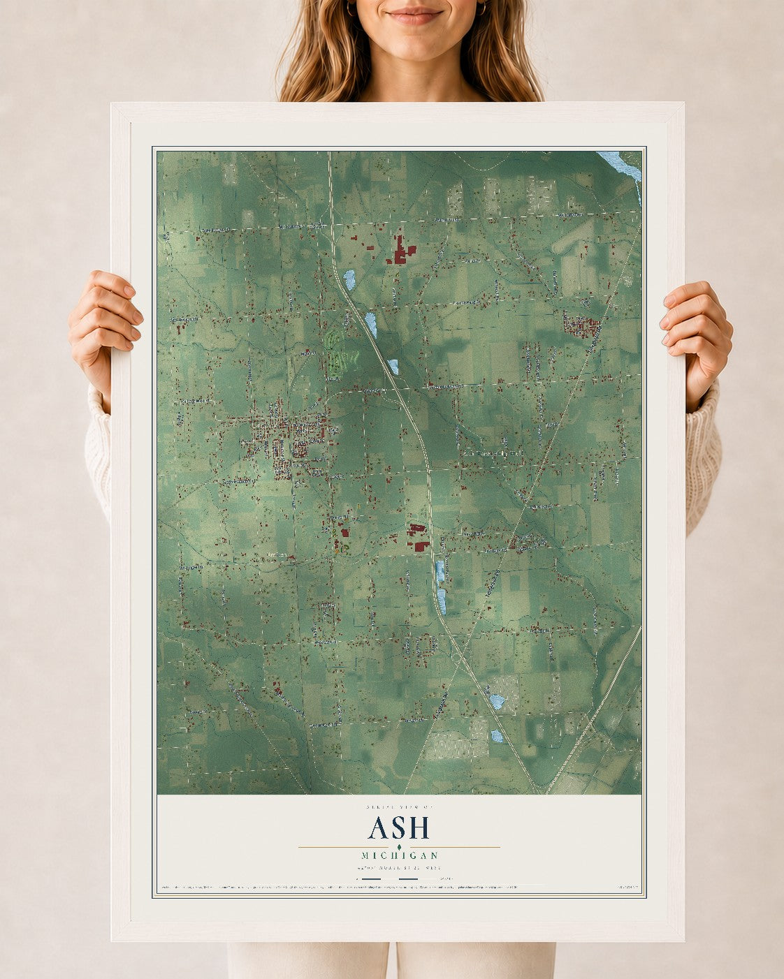 Map of Ash, Michigan, 24 x 36 inch print in a white wood frame