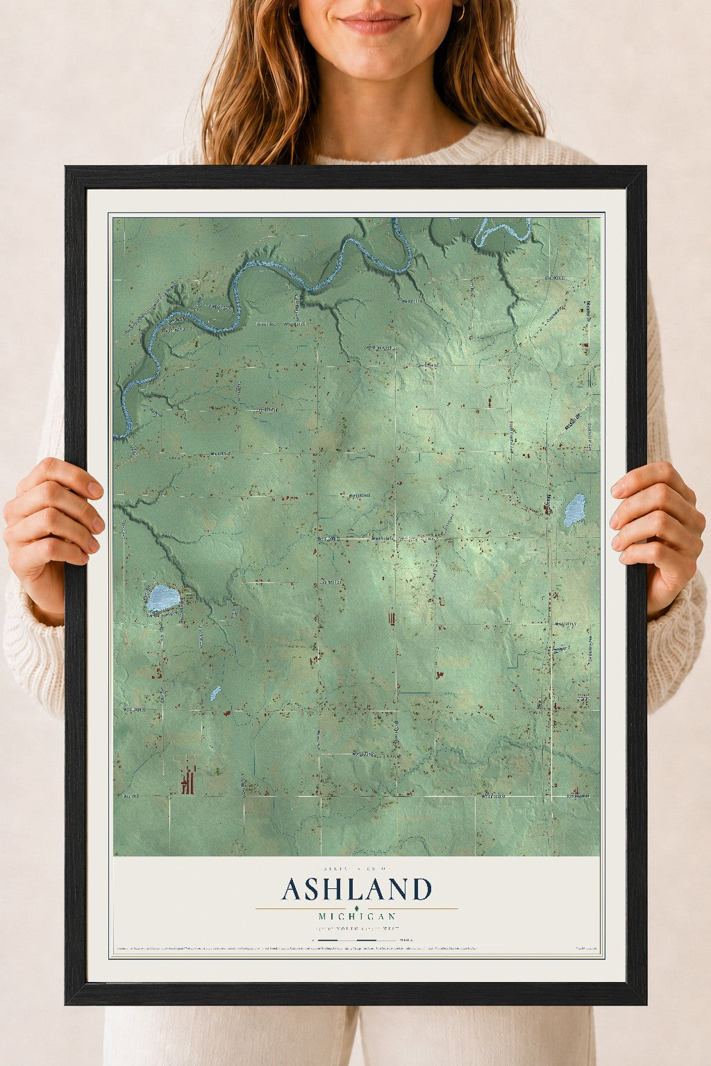 Map of Ashland, Michigan, 18 x 24 inch print in a black wood frame