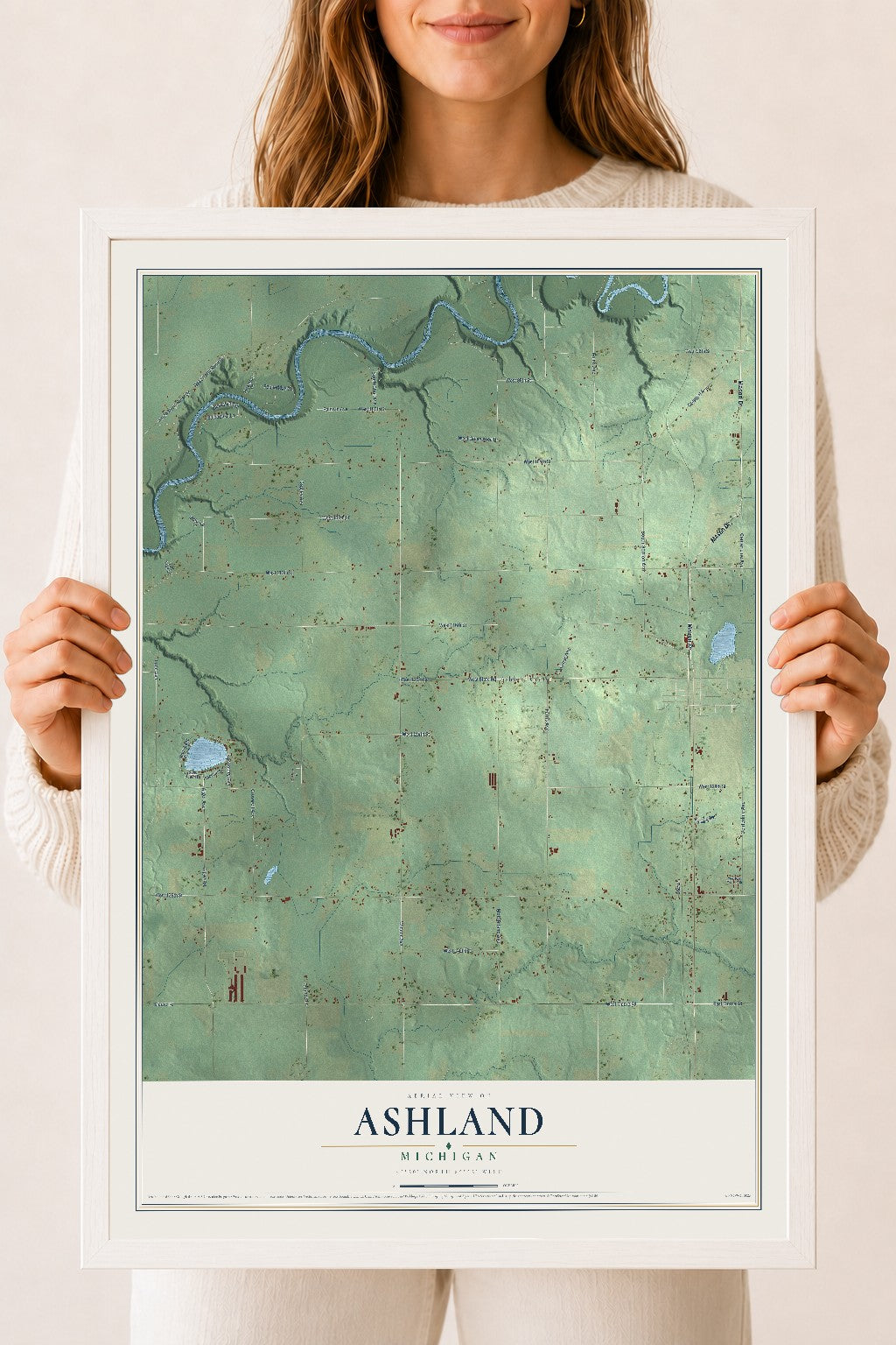 Map of Ashland, Michigan, 18 x 24 inch print in a white wood frame