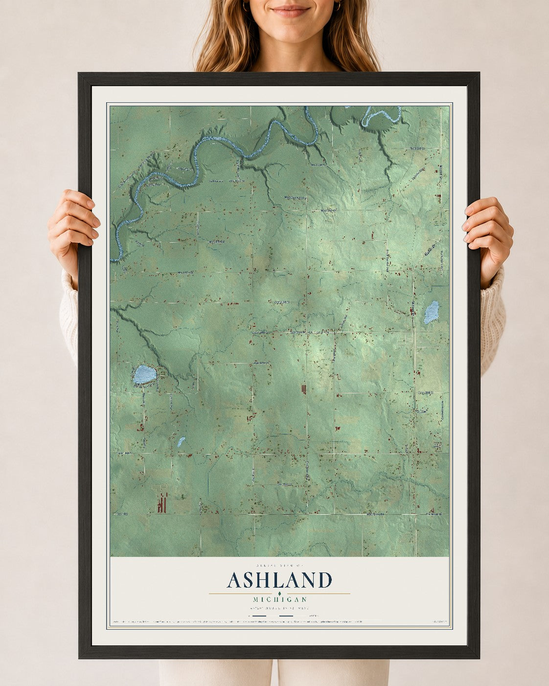 Map of Ashland, Michigan, 24 x 36 inch print in a black wood frame