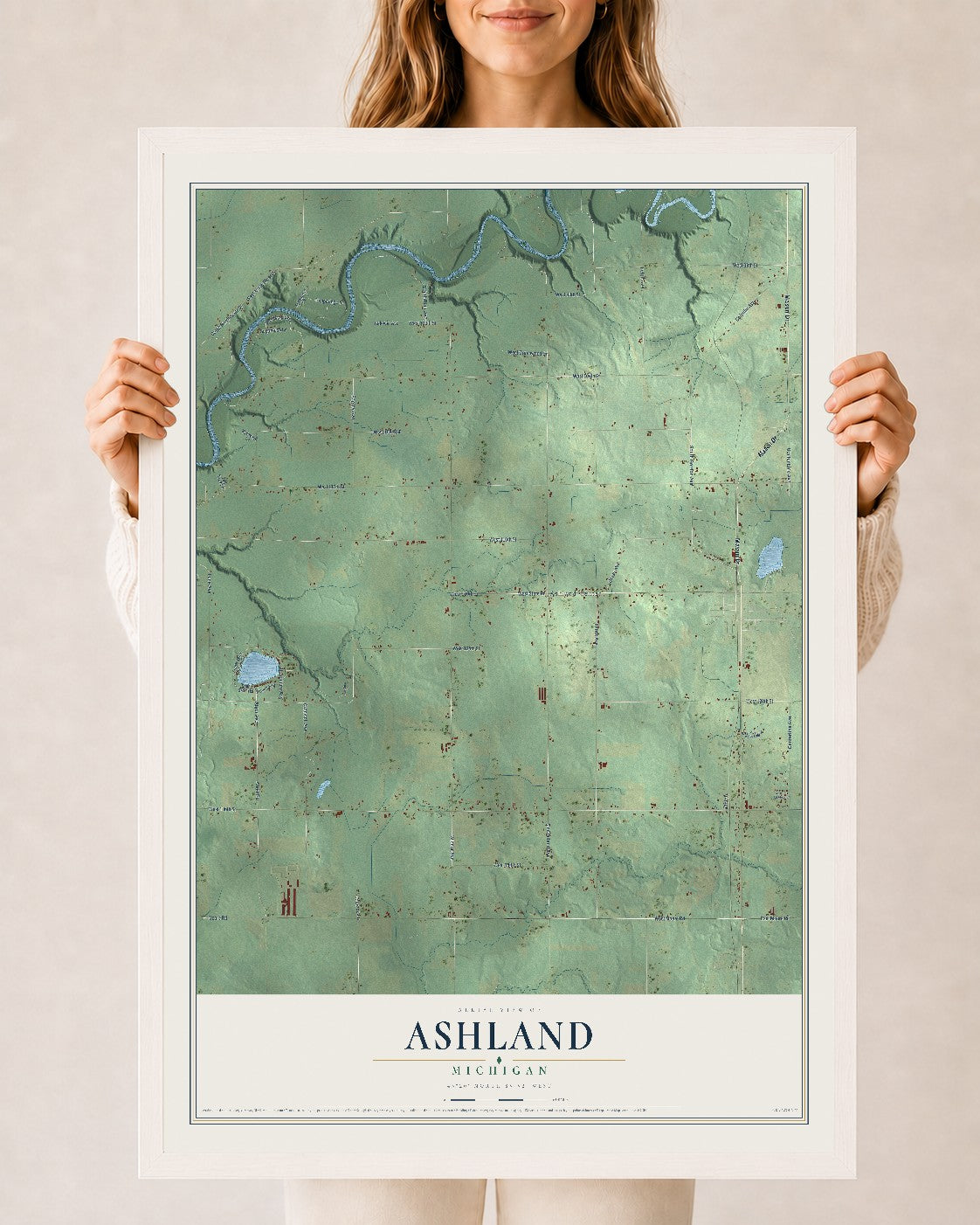 Map of Ashland, Michigan, 24 x 36 inch print in a white wood frame