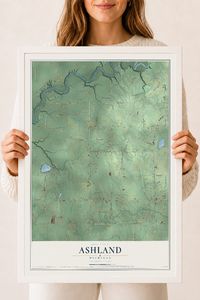 Map of Ashland, Michigan, 18 x 24 inch print in a white wood frame