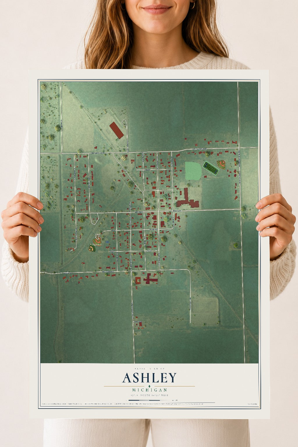 Map of Ashley, Michigan, 18 x 24 inch unframed archival matte print