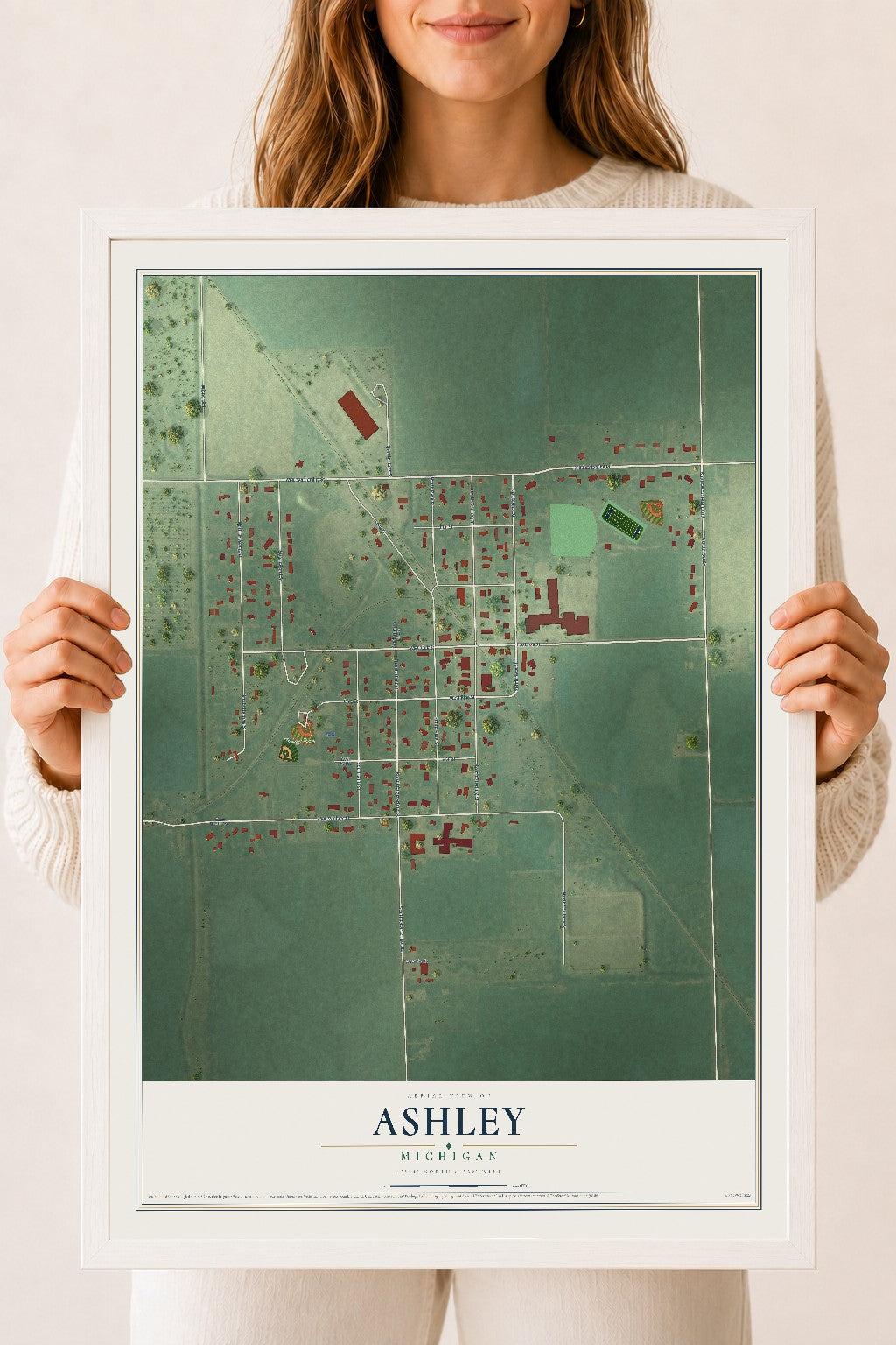 Map of Ashley, Michigan, 18 x 24 inch print in a white wood frame