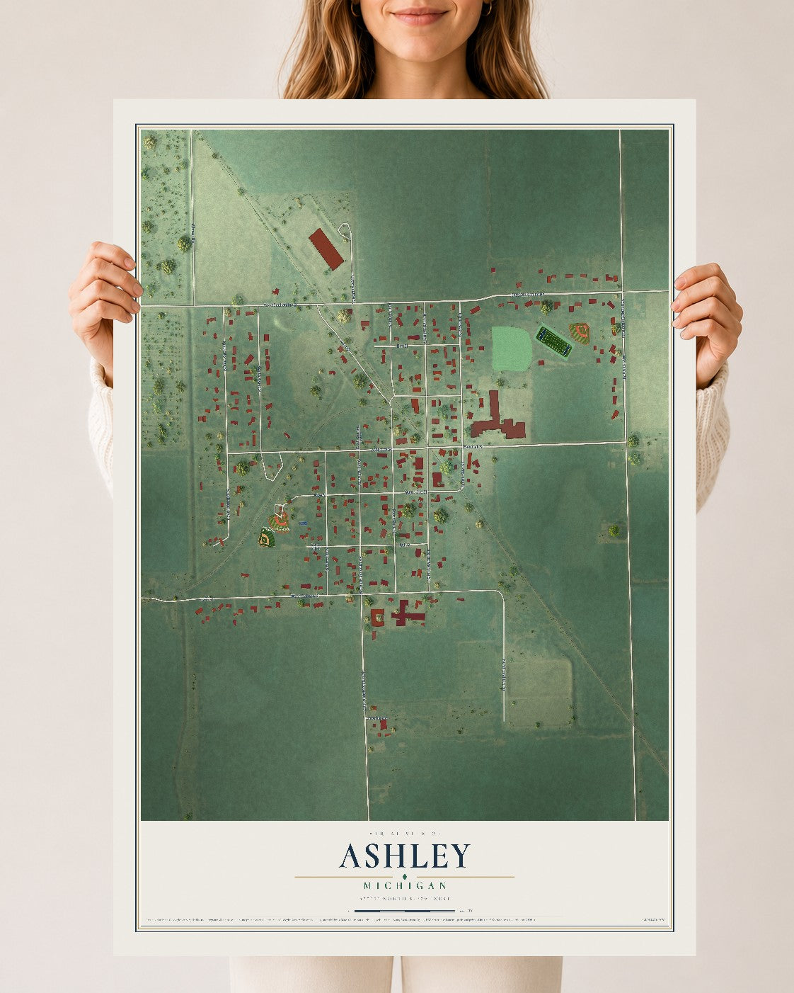 Map of Ashley, Michigan, 24 x 36 inch unframed archival matte print