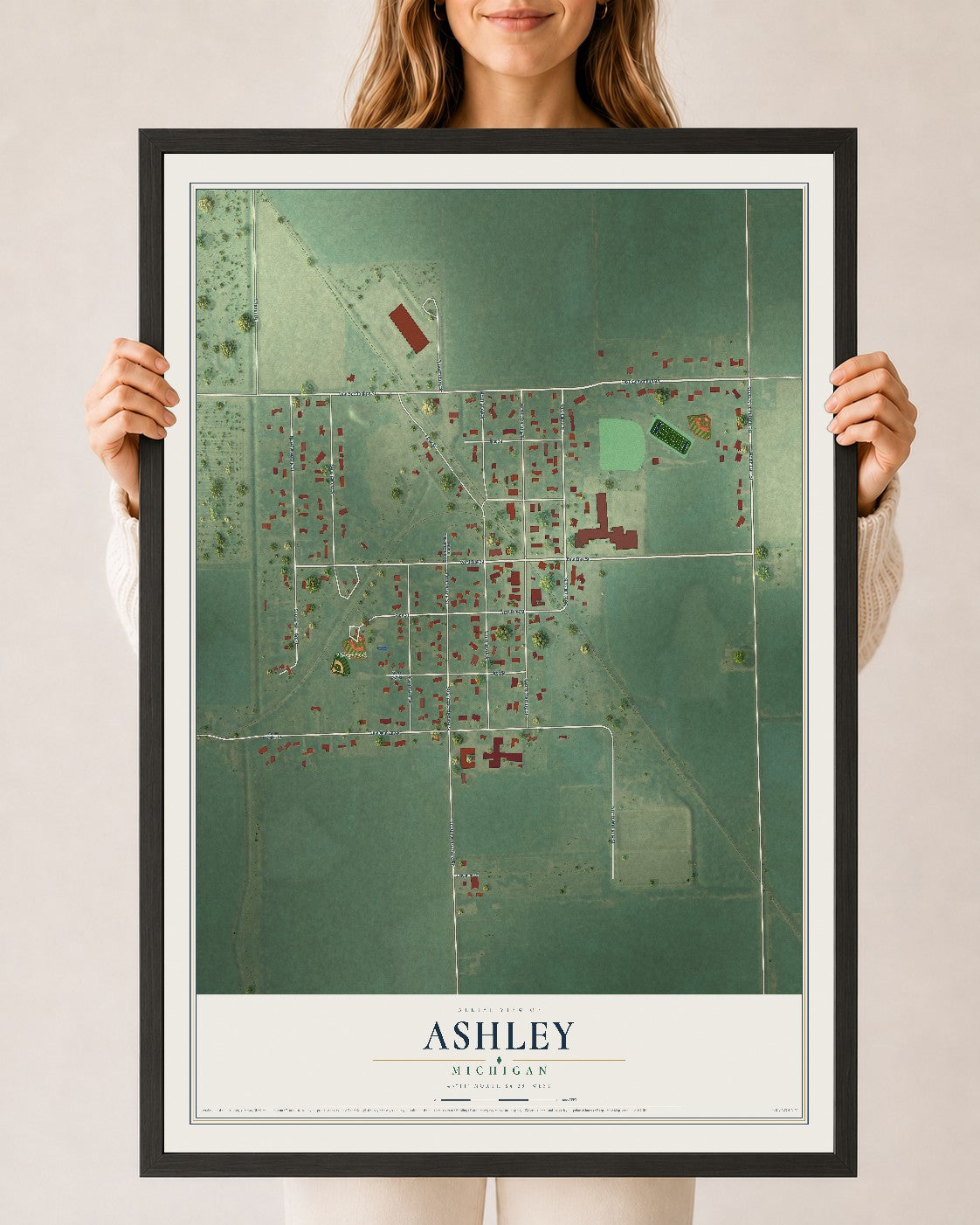 Map of Ashley, Michigan, 24 x 36 inch print in a black wood frame
