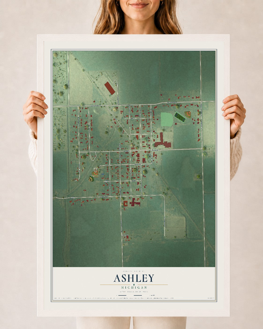 Map of Ashley, Michigan, 24 x 36 inch print in a white wood frame