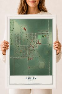 Map of Ashley, Michigan, 18 x 24 inch print in a white wood frame