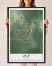 Map of Ashley, Michigan, 24 x 36 inch print in a black wood frame