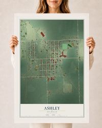 Map of Ashley, Michigan, 24 x 36 inch print in a white wood frame