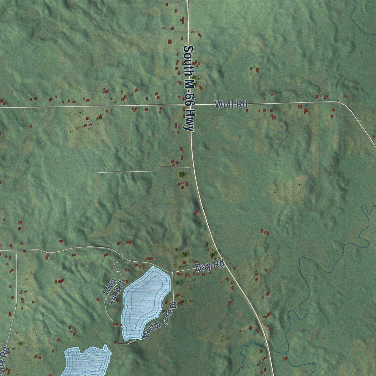 Close-up of the map of Assyria, Michigan print showing street and building detail