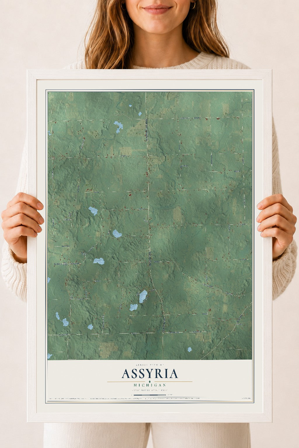Map of Assyria, Michigan, 18 x 24 inch print in a white wood frame