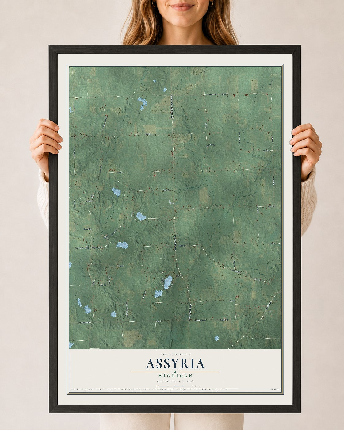Map of Assyria, Michigan, 24 x 36 inch print in a black wood frame
