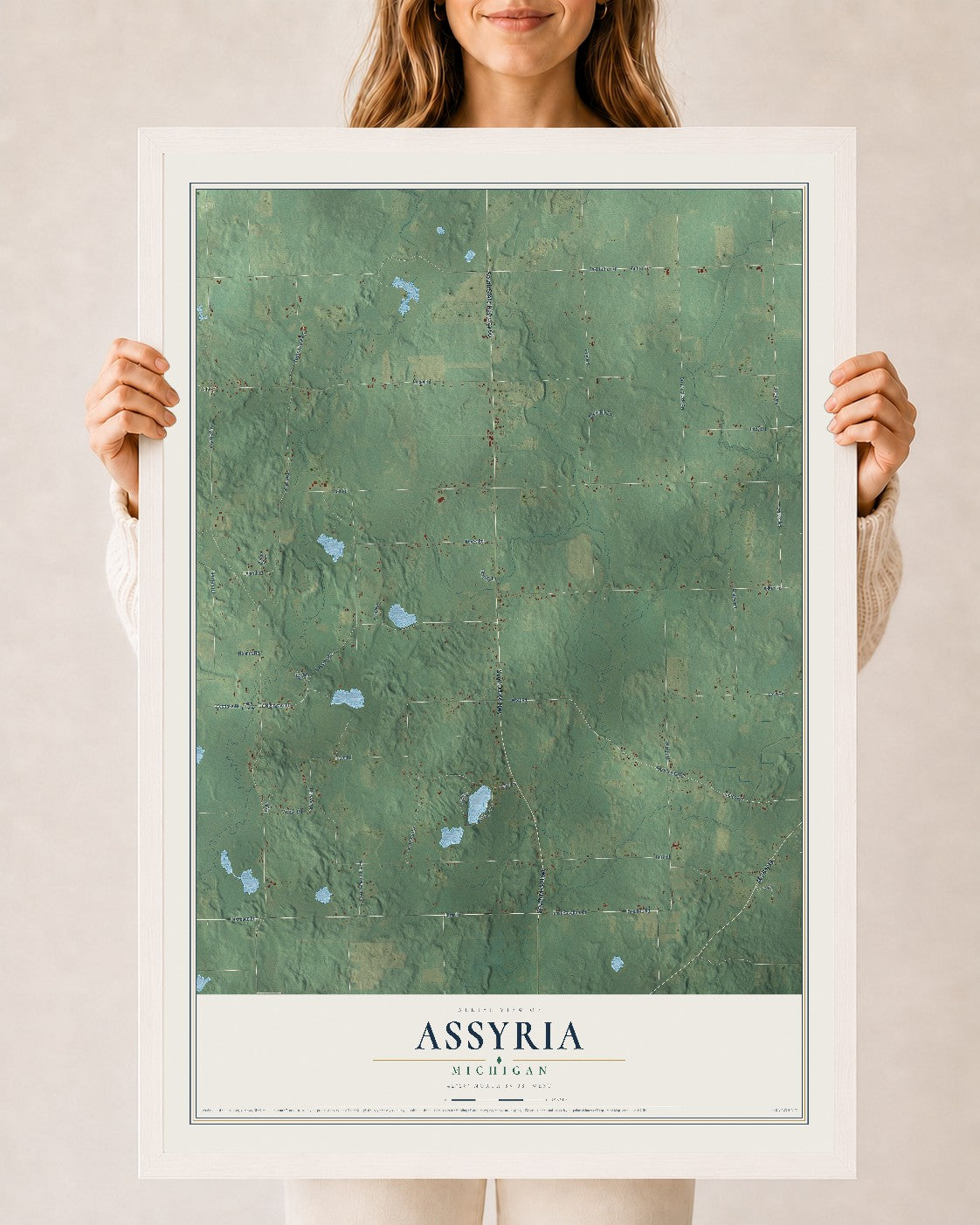 Map of Assyria, Michigan, 24 x 36 inch print in a white wood frame