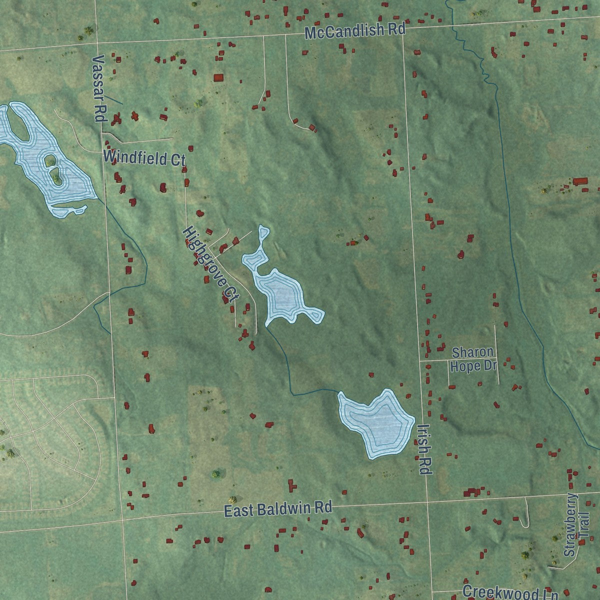 Second close-up of the map of Atlas, Michigan print showing more streets and buildings