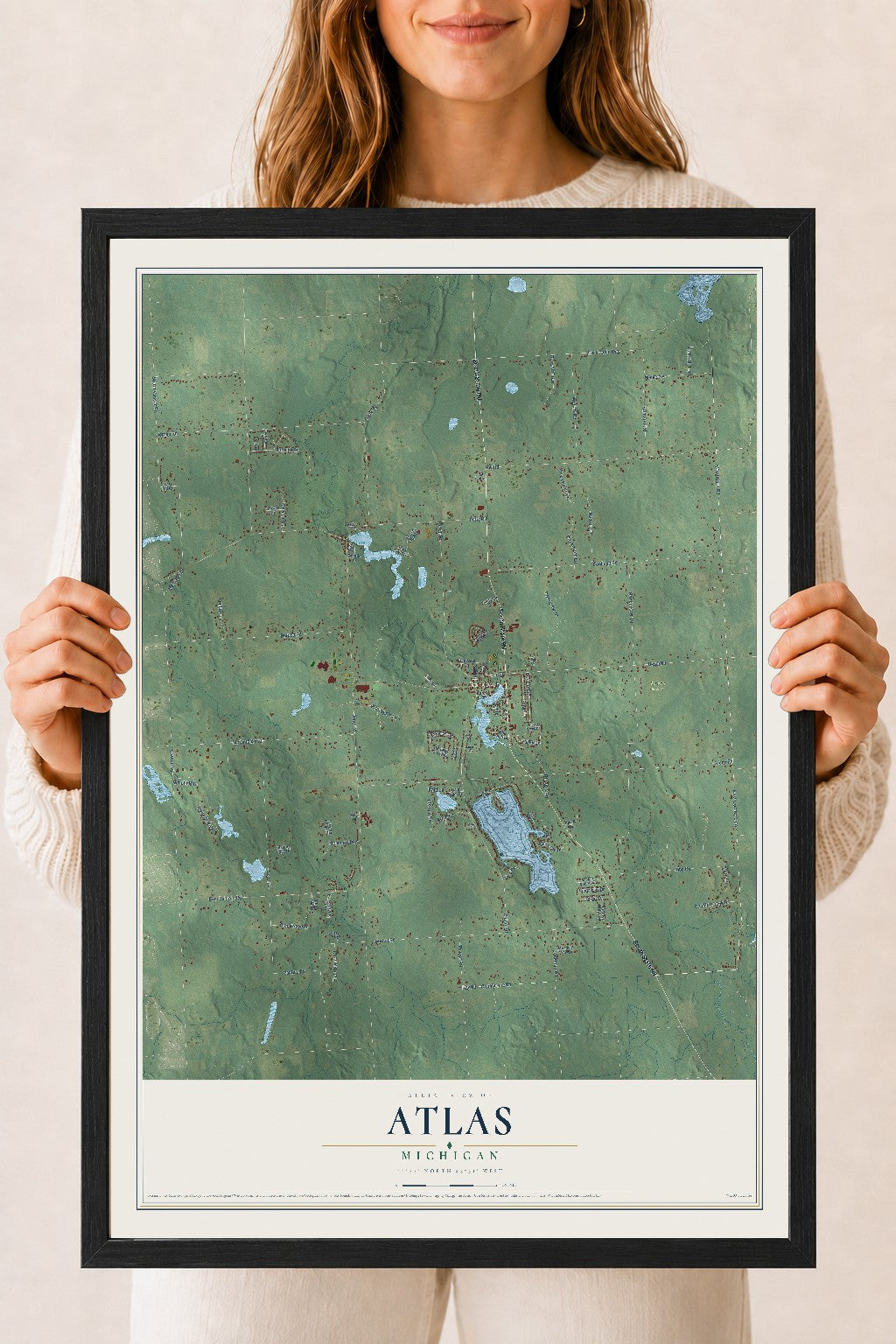 Map of Atlas, Michigan, 18 x 24 inch print in a black wood frame