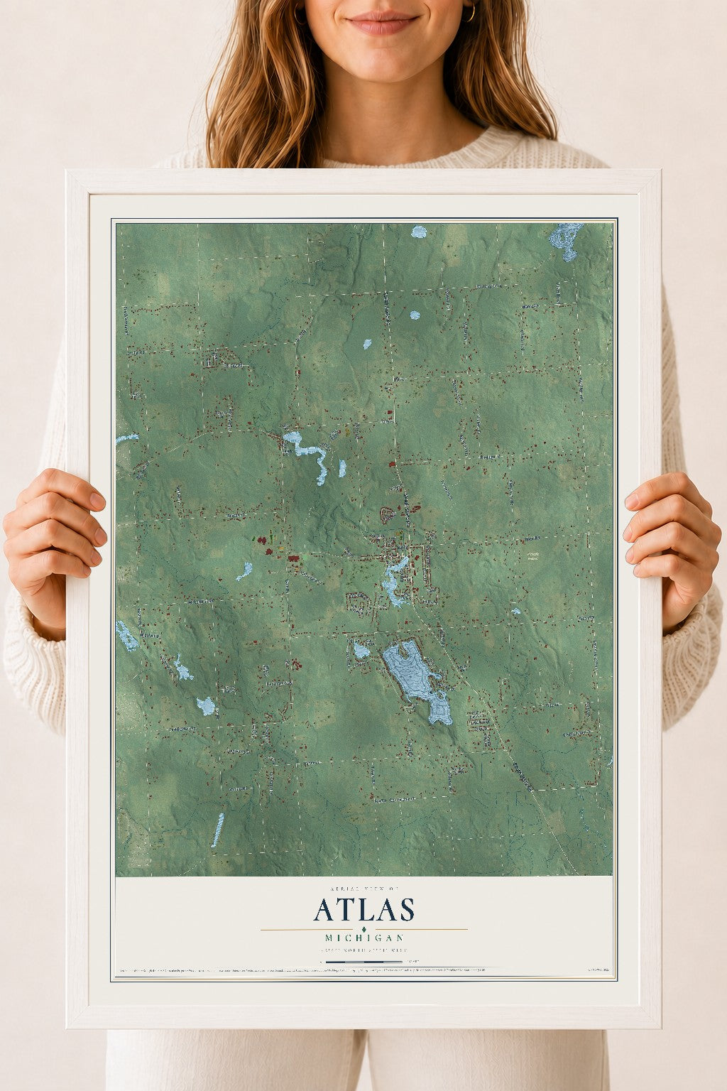 Map of Atlas, Michigan, 18 x 24 inch print in a white wood frame