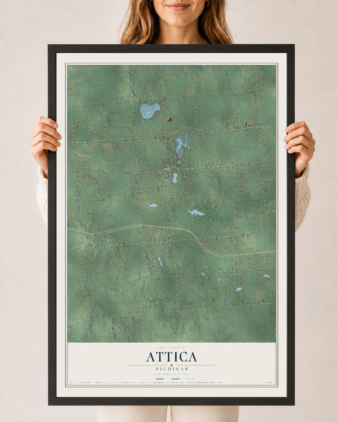 Map of Attica, Michigan, 24 x 36 inch print in a black wood frame