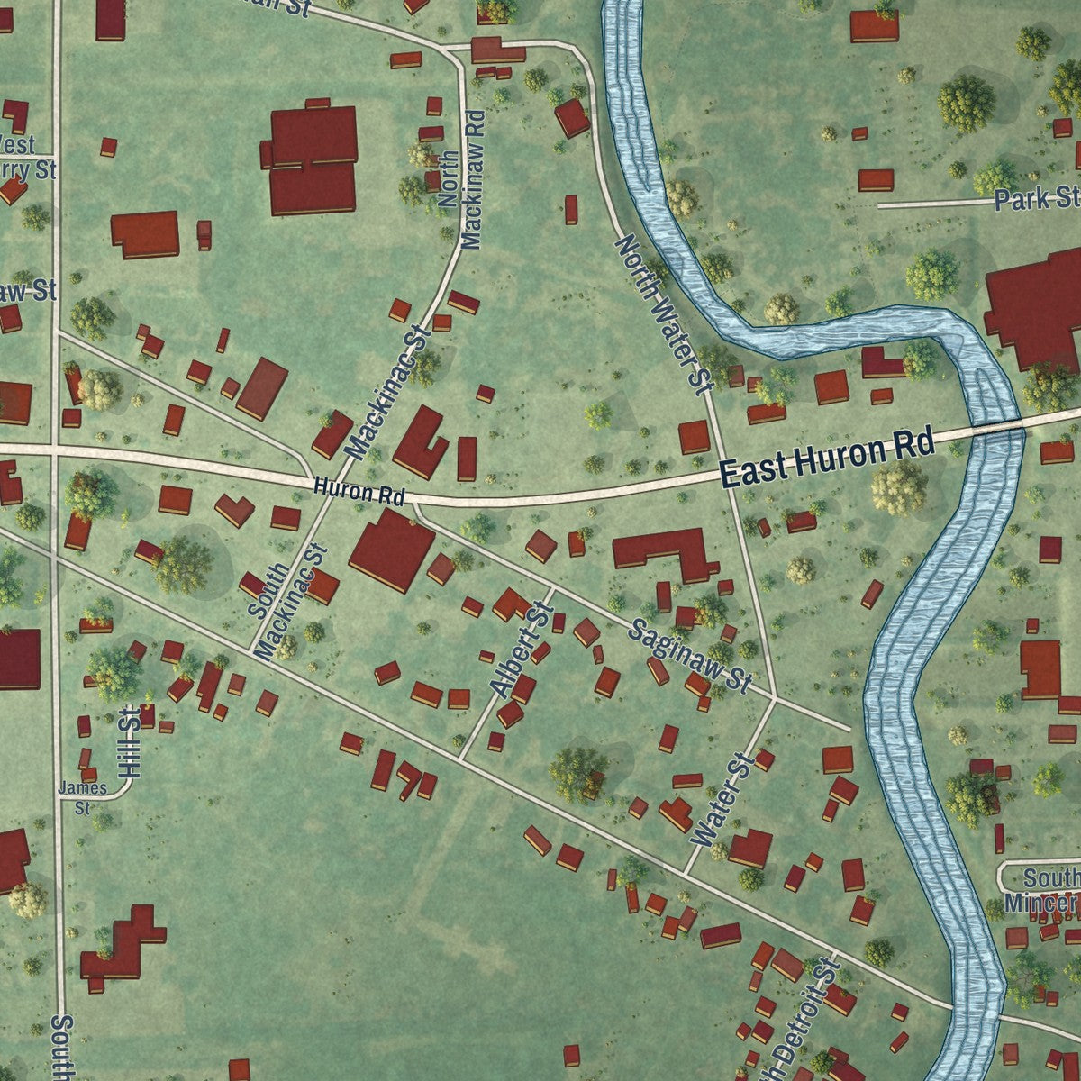Close-up of the map of Au Gres, Michigan print showing street and building detail