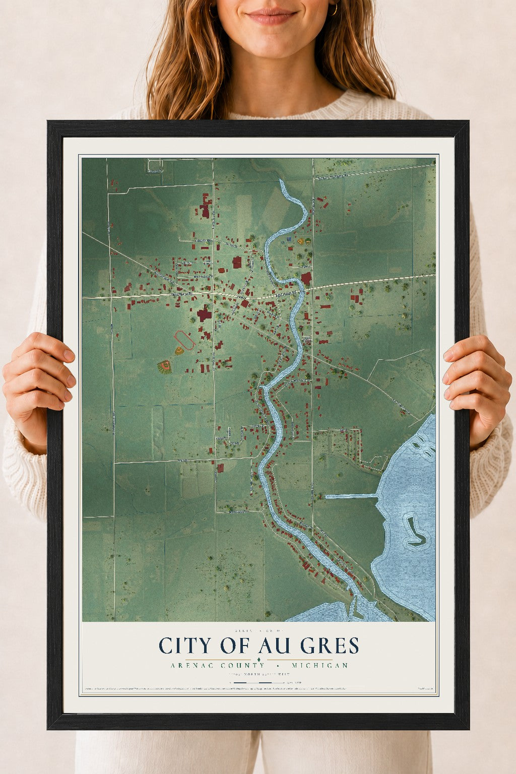 Map of Au Gres, Michigan, 18 x 24 inch print in a black wood frame