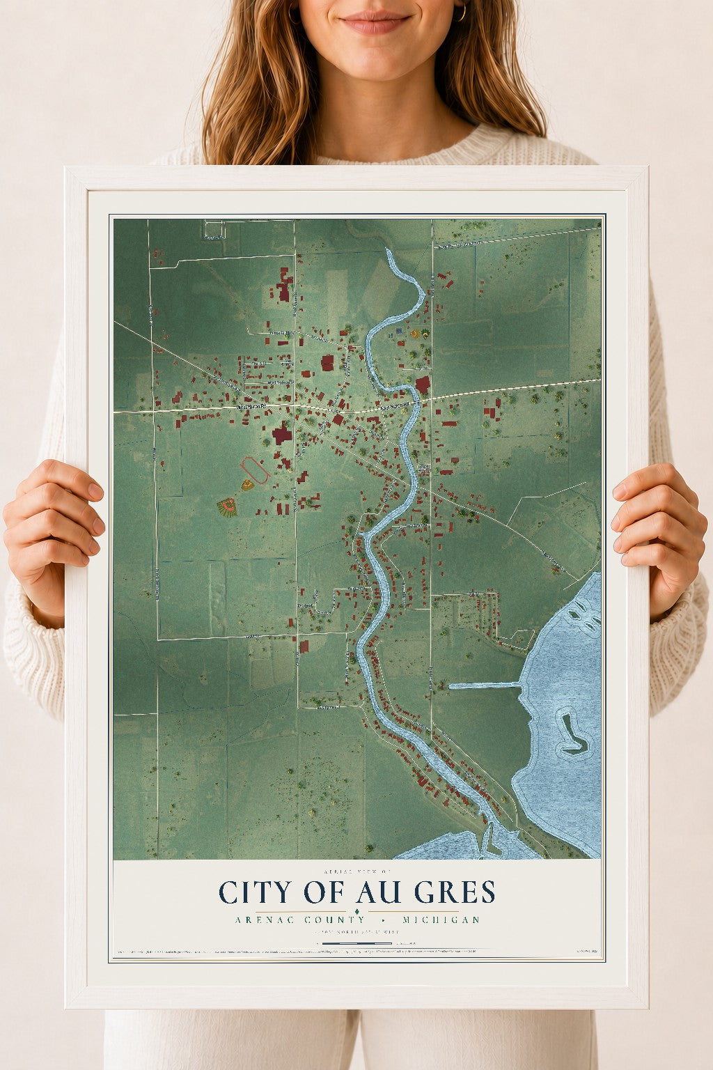 Map of Au Gres, Michigan, 18 x 24 inch print in a white wood frame
