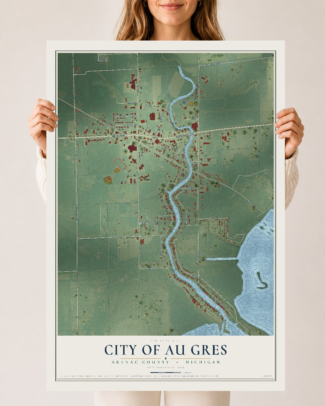 Map of Au Gres, Michigan, 24 x 36 inch unframed archival matte print