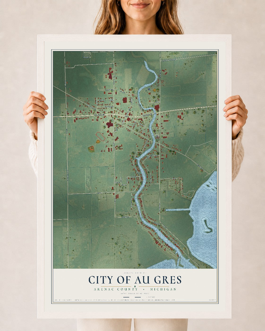 Map of Au Gres, Michigan, 24 x 36 inch print in a white wood frame