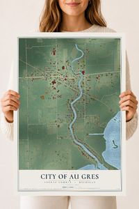 Map of Au Gres, Michigan, 18 x 24 inch unframed archival matte print