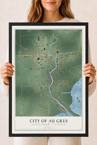 Map of Au Gres, Michigan, 18 x 24 inch print in a black wood frame