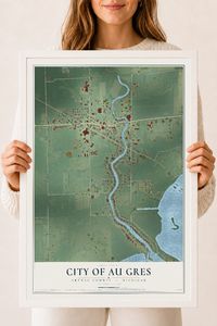 Map of Au Gres, Michigan, 18 x 24 inch print in a white wood frame