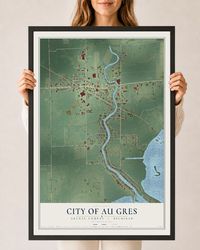 Map of Au Gres, Michigan, 24 x 36 inch print in a black wood frame
