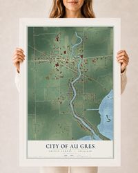 Map of Au Gres, Michigan, 24 x 36 inch print in a white wood frame