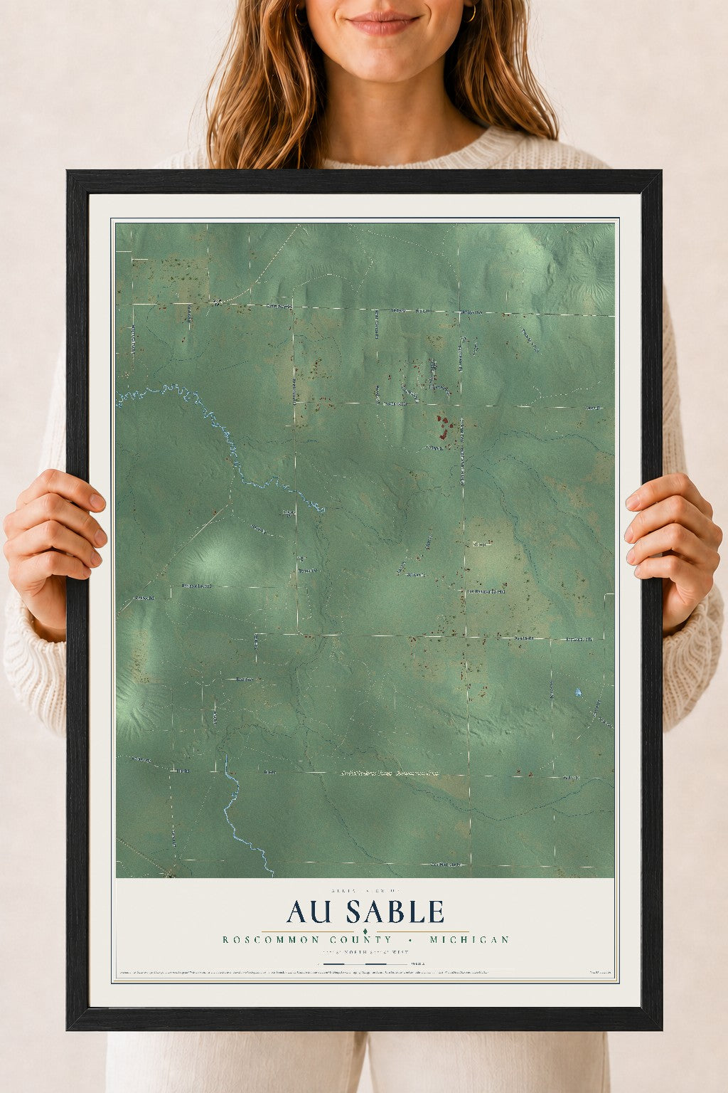 Map of Au Sable, Roscommon County, Michigan, 18 x 24 inch print in a black wood frame