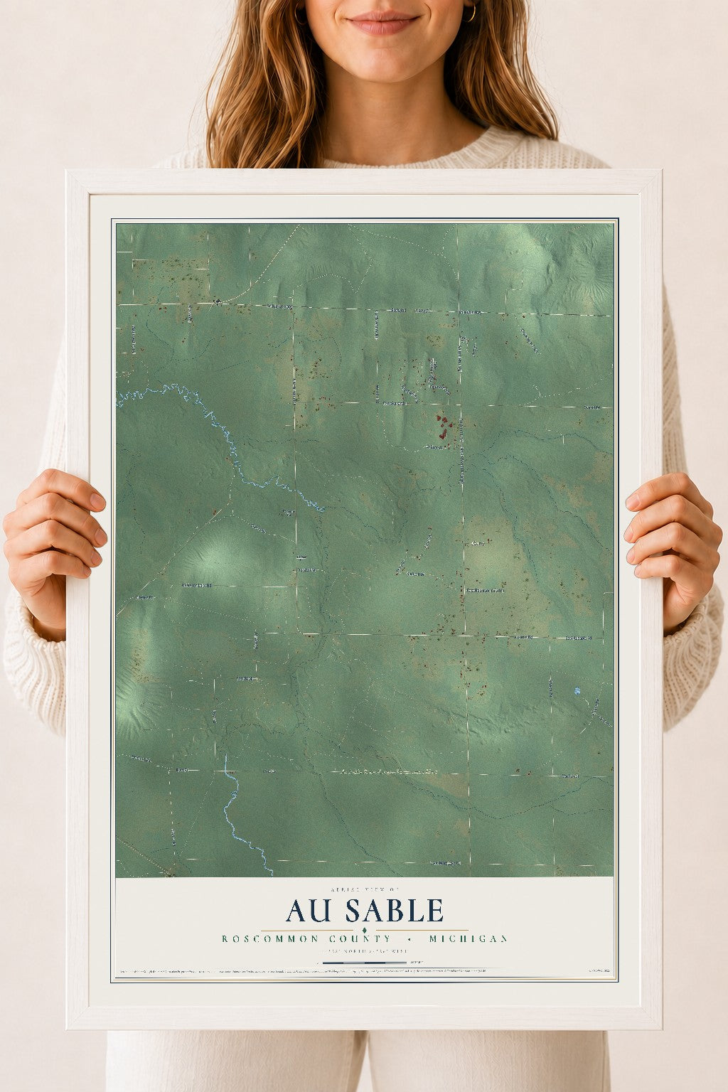 Map of Au Sable, Roscommon County, Michigan, 18 x 24 inch print in a white wood frame