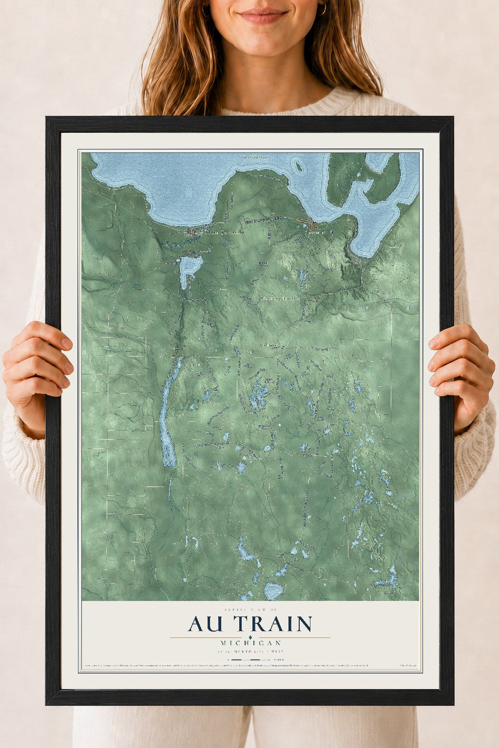 Map of Au Train, Michigan, 18 x 24 inch print in a black wood frame