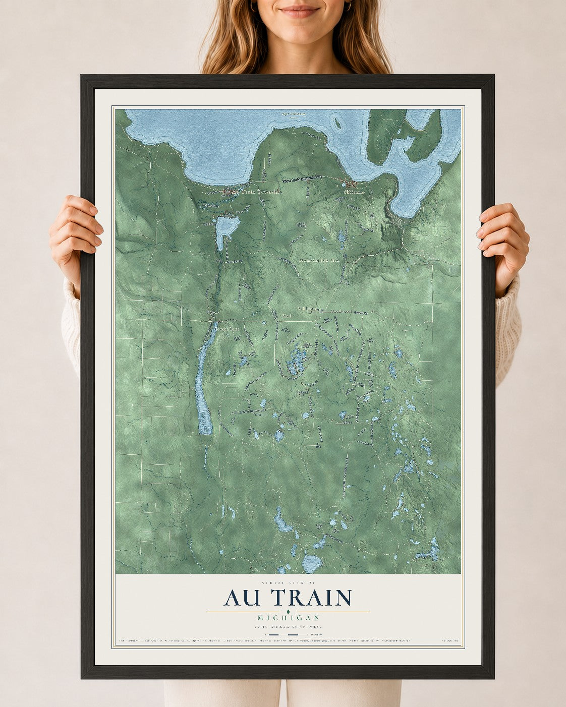 Map of Au Train, Michigan, 24 x 36 inch print in a black wood frame