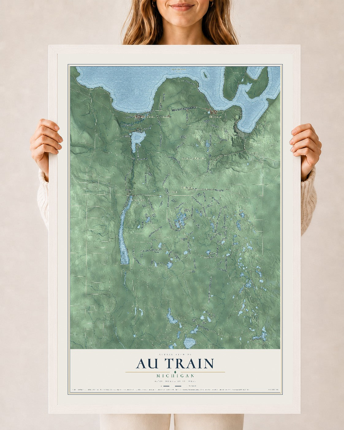 Map of Au Train, Michigan, 24 x 36 inch print in a white wood frame