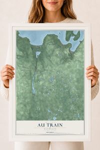 Map of Au Train, Michigan, 18 x 24 inch print in a white wood frame
