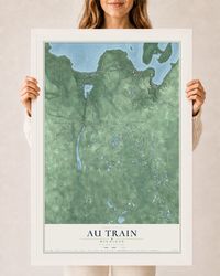Map of Au Train, Michigan, 24 x 36 inch print in a white wood frame