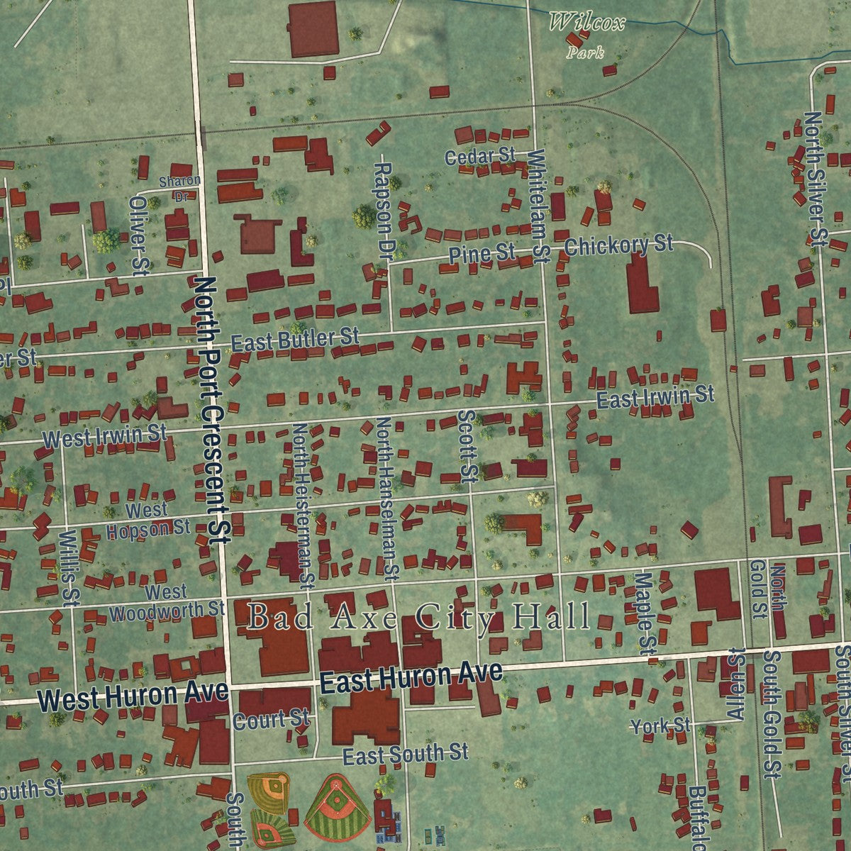 Close-up of the map of Bad Axe, Michigan print showing street and building detail