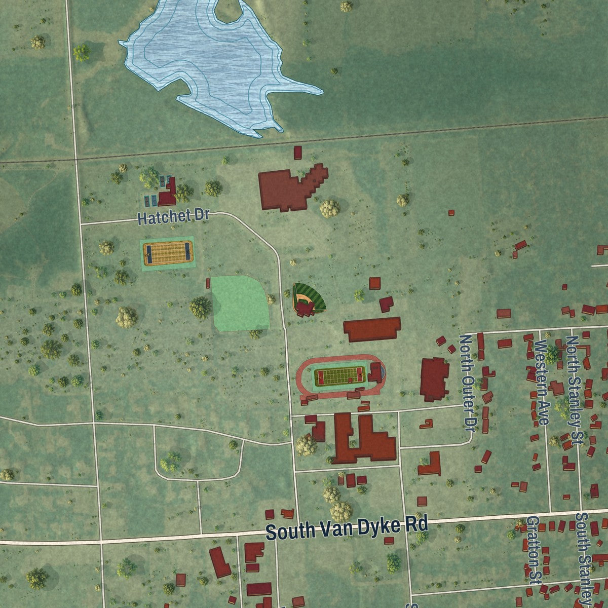 Second close-up of the map of Bad Axe, Michigan print showing more streets and buildings