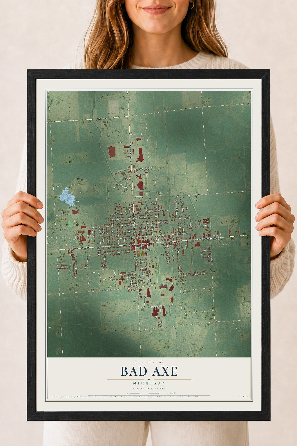 Map of Bad Axe, Michigan, 18 x 24 inch print in a black wood frame