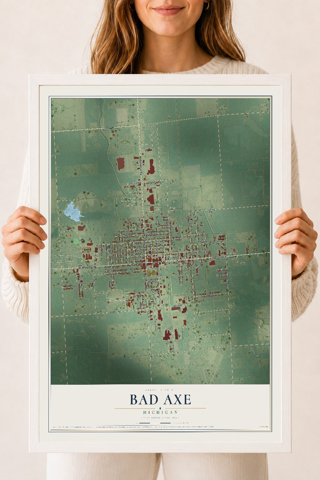 Map of Bad Axe, Michigan, 18 x 24 inch print in a white wood frame