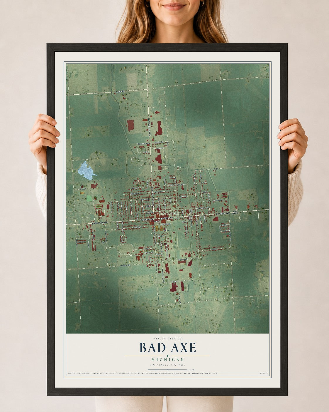 Map of Bad Axe, Michigan, 24 x 36 inch print in a black wood frame