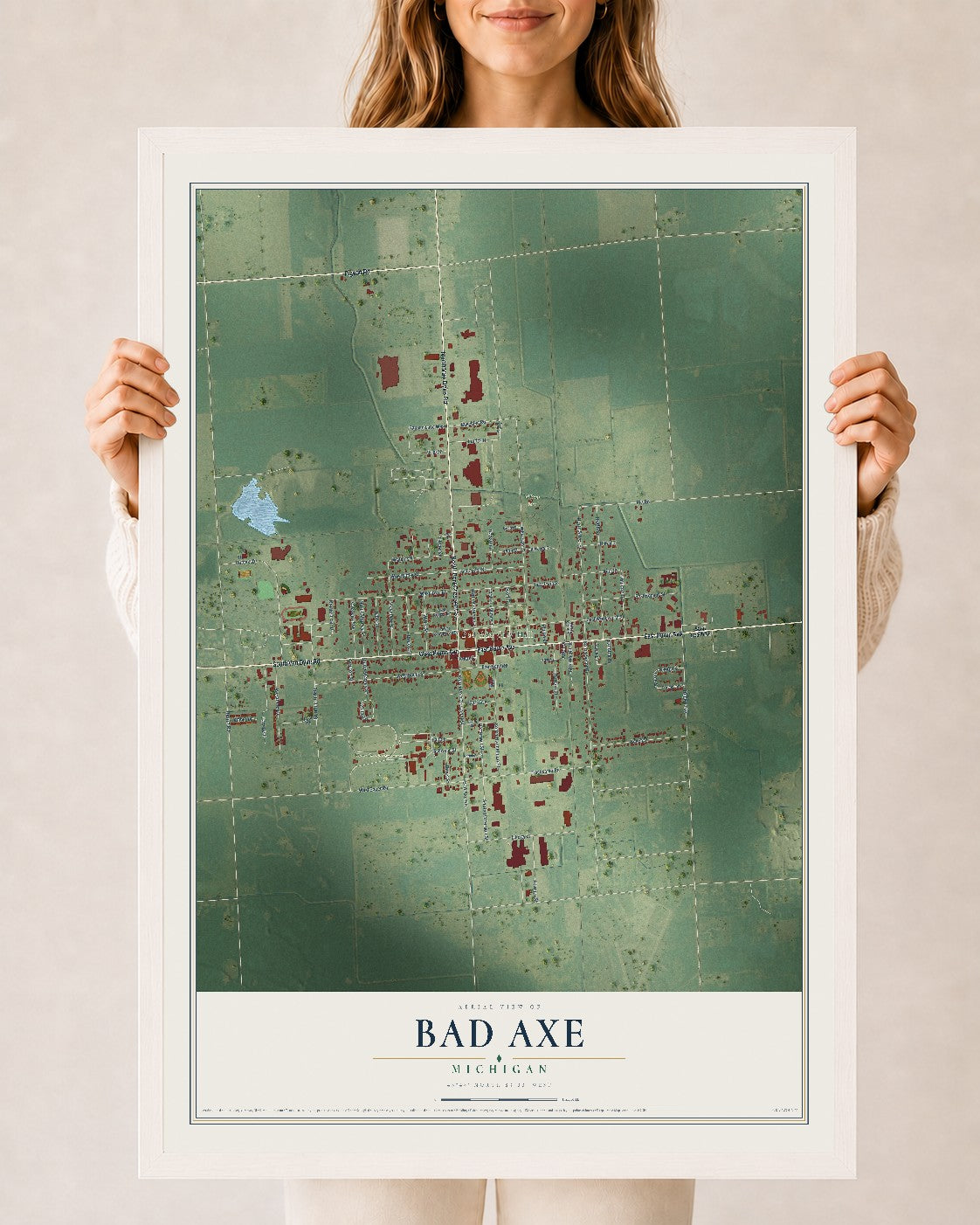 Map of Bad Axe, Michigan, 24 x 36 inch print in a white wood frame