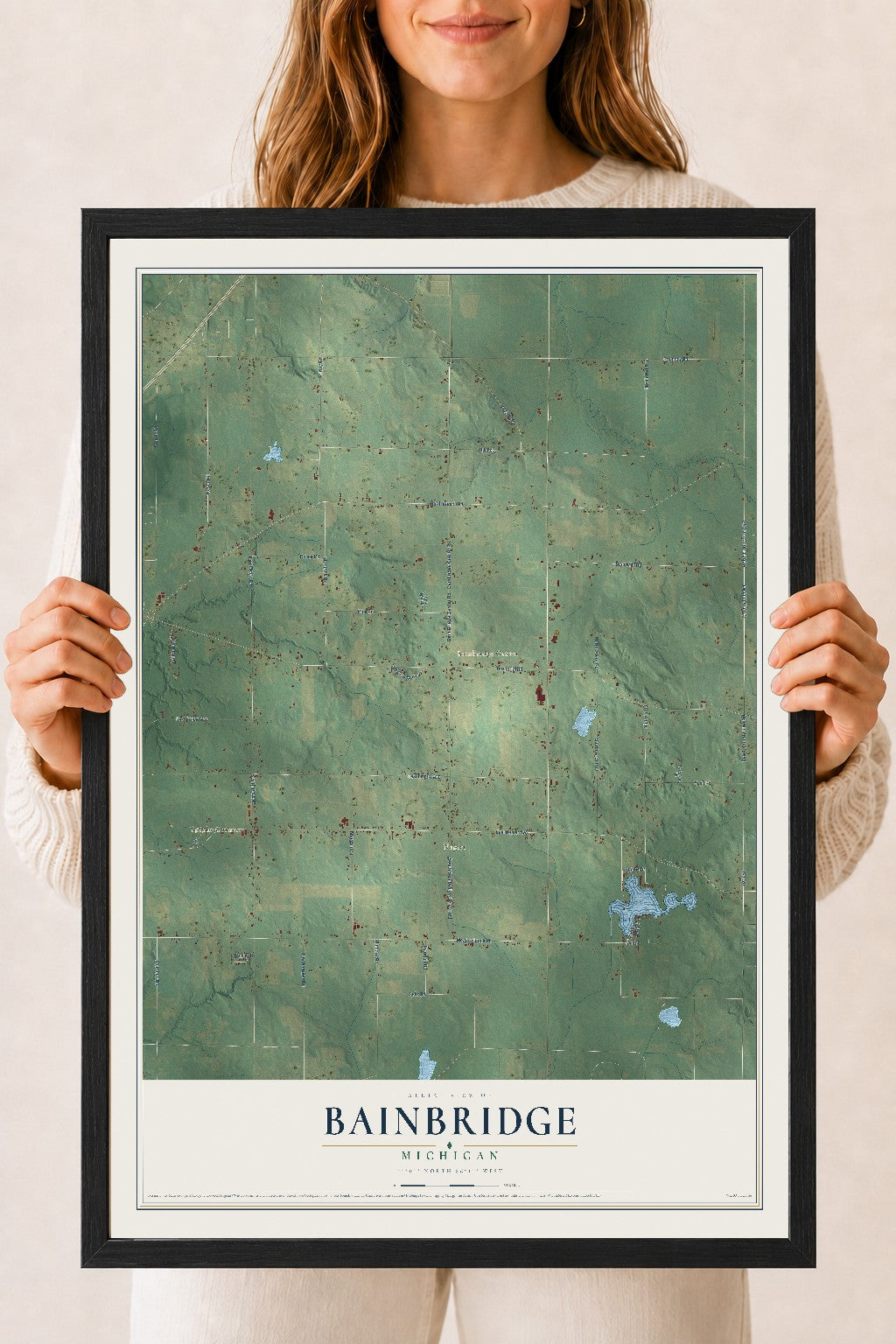 Map of Bainbridge, Michigan, 18 x 24 inch print in a black wood frame