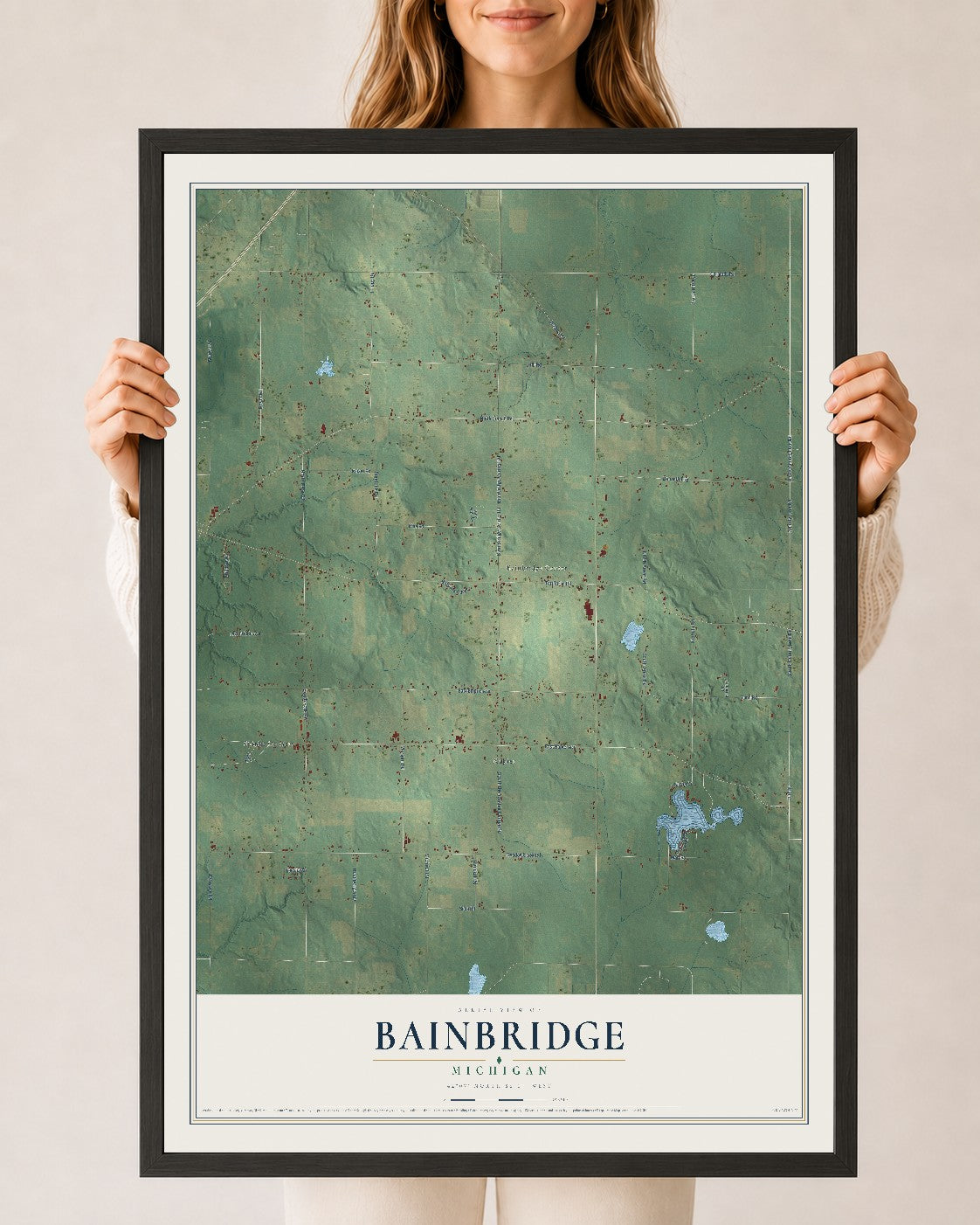 Map of Bainbridge, Michigan, 24 x 36 inch print in a black wood frame
