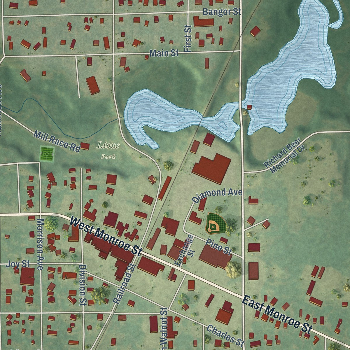 Close-up of the map of Bangor, Michigan print showing street and building detail
